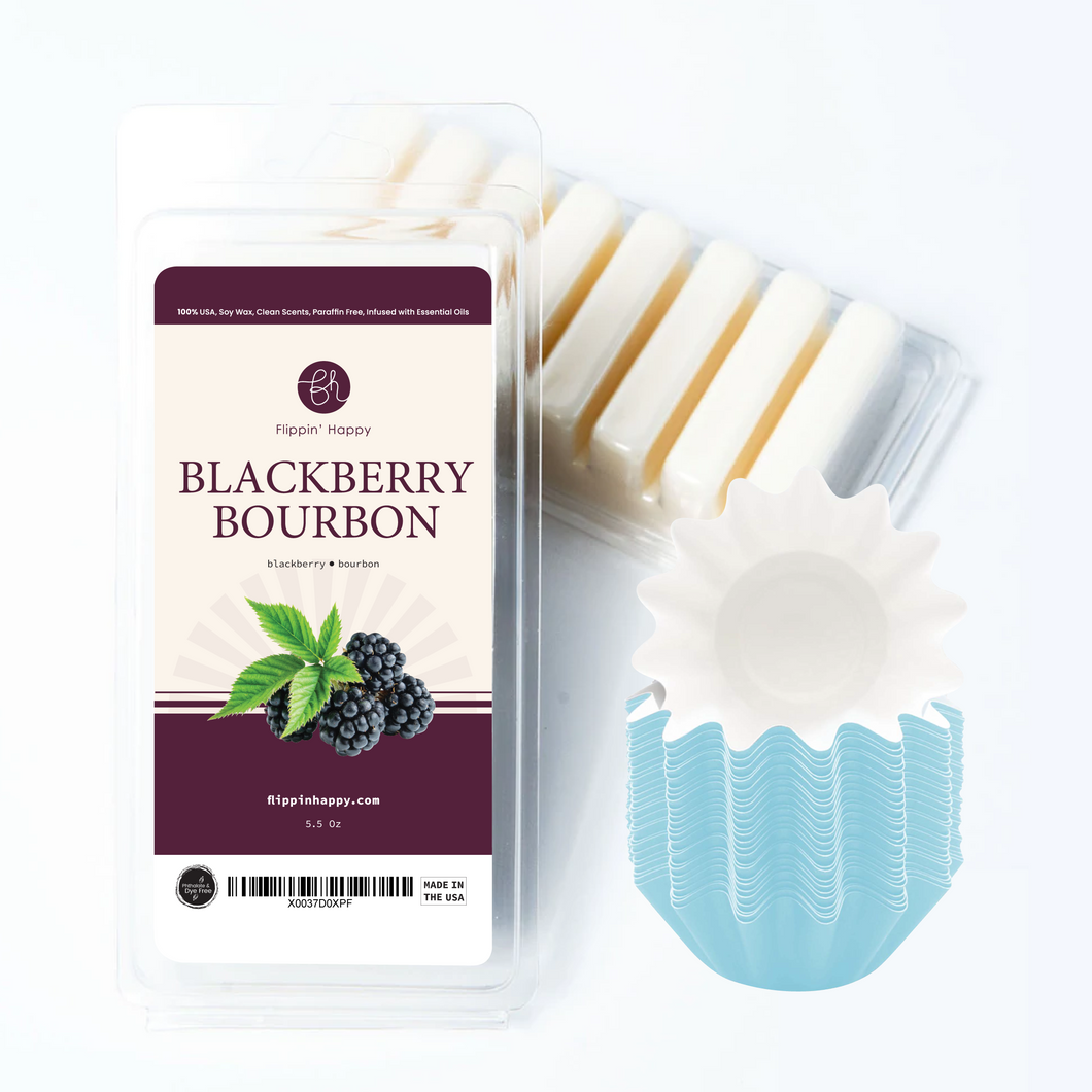 Flippin' Happy BlackBerry Bourbon Soy Melt and Pack 25 Blue Wax Liners
