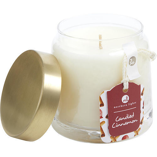 CANDIED CINNAMON by SCENTED SOY GLASS CANDLE 10 OZ. COMBINES SUGAR COATED CINAMMON, SPICY CLOVE, BANDA NUTMEG, SWEET MANDARIN, & PINK PEPPERCORN. BURNS APPROX. 45 HRS.