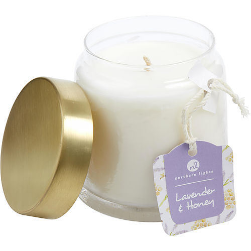 LAVENDER & HONEY by SCENTED SOY GLASS CANDLE 10 OZ. COMBINES LAVENDER INFUSED HONEY & CRUSHED CHAMOMILE, PURPLE WILLOW BARK & WHITE TEA LEAVES. BURNS APPROX. 50 HRS.